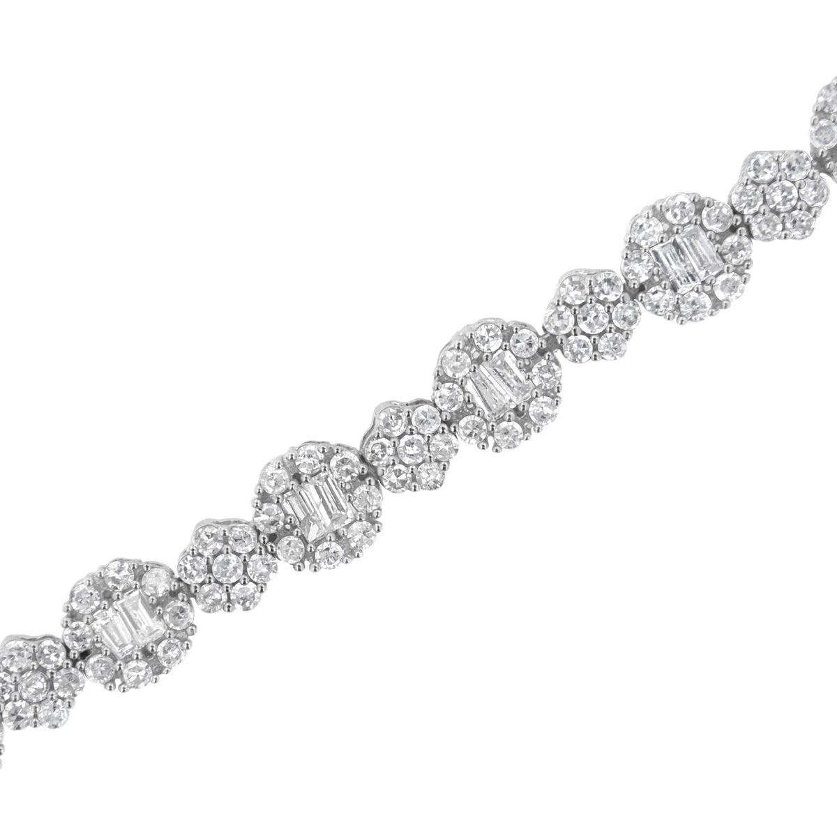 10K White Gold 4.0 cttw Brilliant Round-cut and Baguette Diamond Floral Cluster Link Bracelet (I-J Clarity, I1-I2 Color) - Size 7