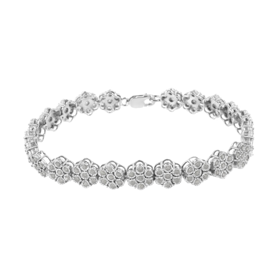 .925 Sterling Silver 2.0 cttw Diamond 7 Stone Floral Cluster Link Bracelet (I-J Color, I3 Clarity) -7.25