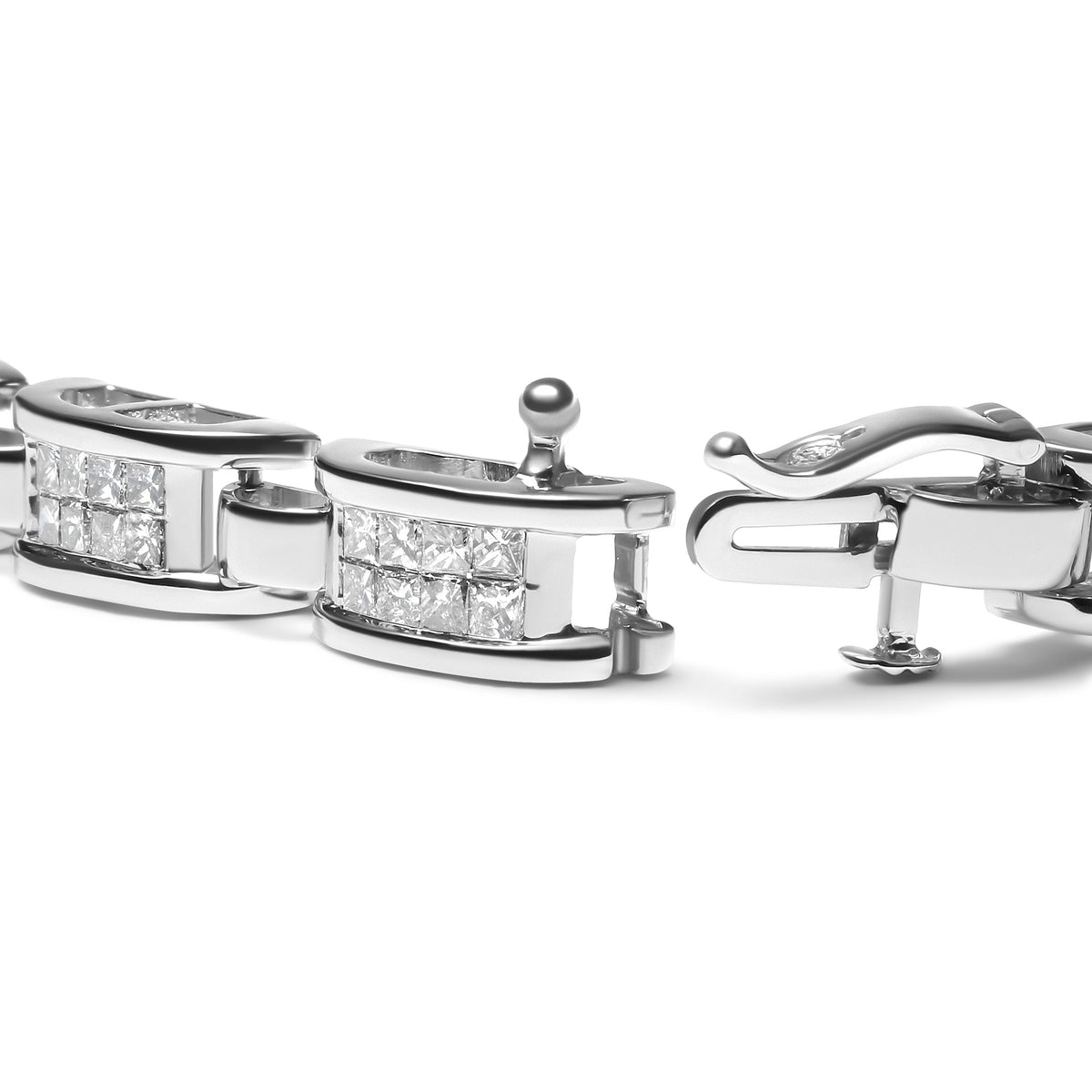 14K White Gold 3.0 Cttw Invisible Set Princess Cut Diamond Link and Buckle 7.25