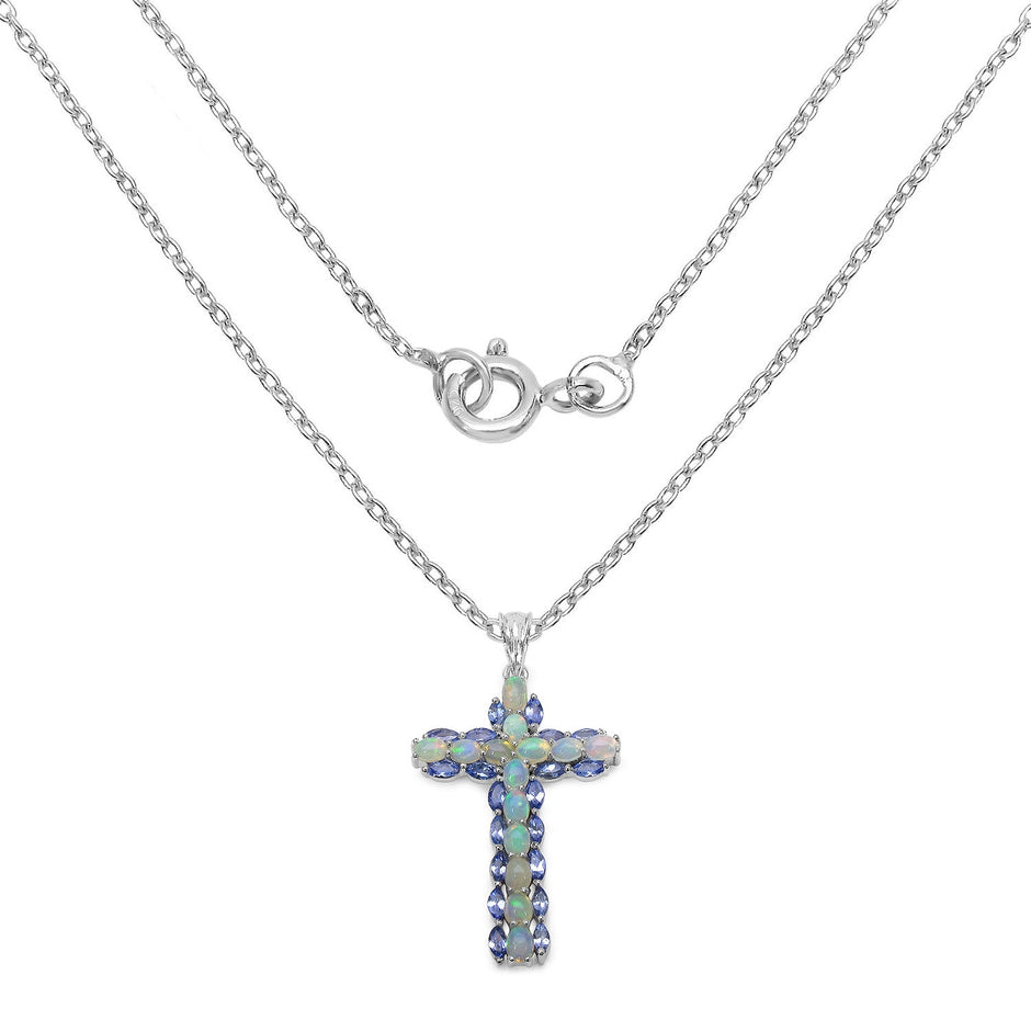 3.32 Carat Genuine Ethiopian Opal and Tanzanite .925 Sterling Silver Pendant