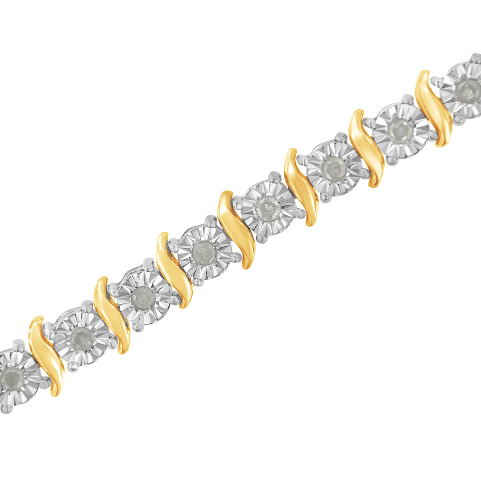 Two-Tone 10K Yellow Gold over .925 Sterling Silver 1.0 Cttw Diamond S-Curve Link Miracle-Set Tennis Bracelet (I-J Color, I3 Clarity) - 7