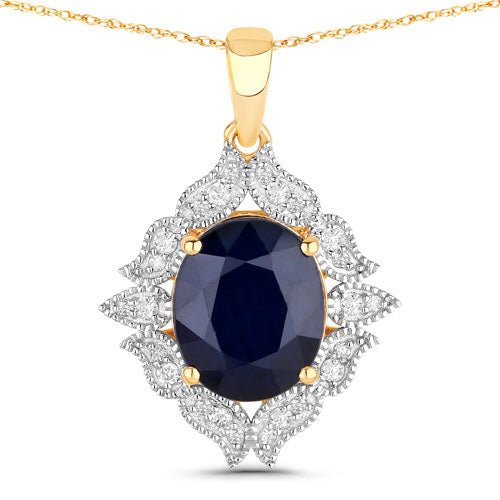 6.44 Carat Genuine Blue Sapphire and White Diamond 14K Yellow Gold Pendant - Pendants - Custom Crafting Alliance, LLC