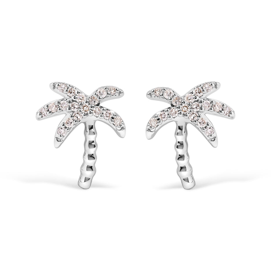 10K White Gold 1/10 Cttw Diamond  Encrusted Palm Tree Stud Earrings (H-I Color, I1-I2 Clarity)