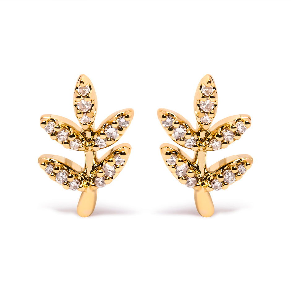 10K Yellow Gold 1/10 Cttw Diamond Accented Leaf and Branch Stud Earrings (H-I Color, I1-I2 Clarity)