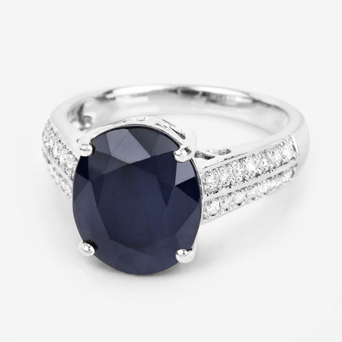 6.49 Carat Genuine Blue Sapphire and White Diamond 14K White Gold Ring - Rings - Custom Crafting Alliance, LLC