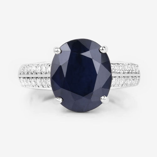 6.49 Carat Genuine Blue Sapphire and White Diamond 14K White Gold Ring - Rings - Custom Crafting Alliance, LLC