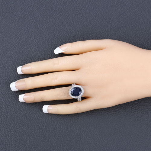 6.52 Carat Genuine Blue Sapphire and White Diamond 14K White Gold Ring - Rings - Custom Crafting Alliance, LLC