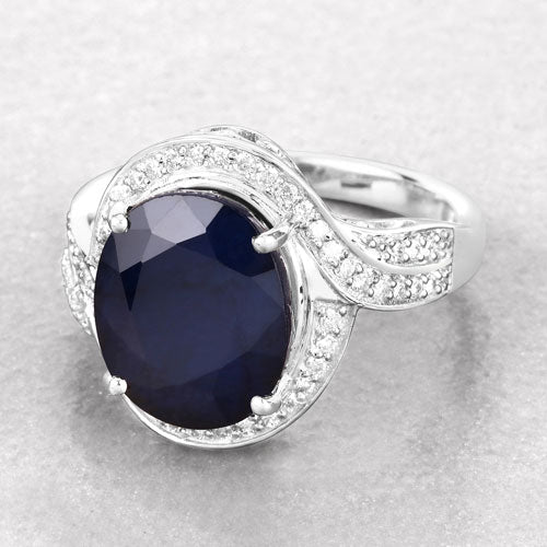 6.52 Carat Genuine Blue Sapphire and White Diamond 14K White Gold Ring - Rings - Custom Crafting Alliance, LLC