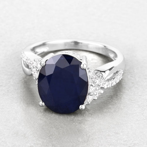 6.54 Carat Genuine Blue Sapphire and White Diamond 14K White Gold Ring - Rings - Custom Crafting Alliance, LLC