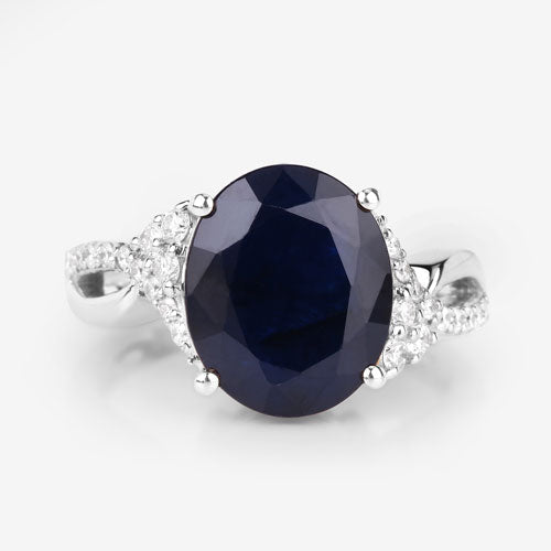 6.54 Carat Genuine Blue Sapphire and White Diamond 14K White Gold Ring - Rings - Custom Crafting Alliance, LLC