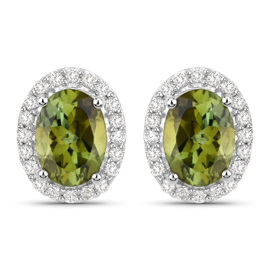 1.92 Carat Genuine Green Tourmaline and White Diamond 14K White Gold Earrings