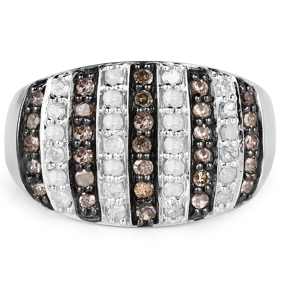 0.83 Carat Genuine Champagne Diamond and White Diamond .925 Sterling Silver Ring