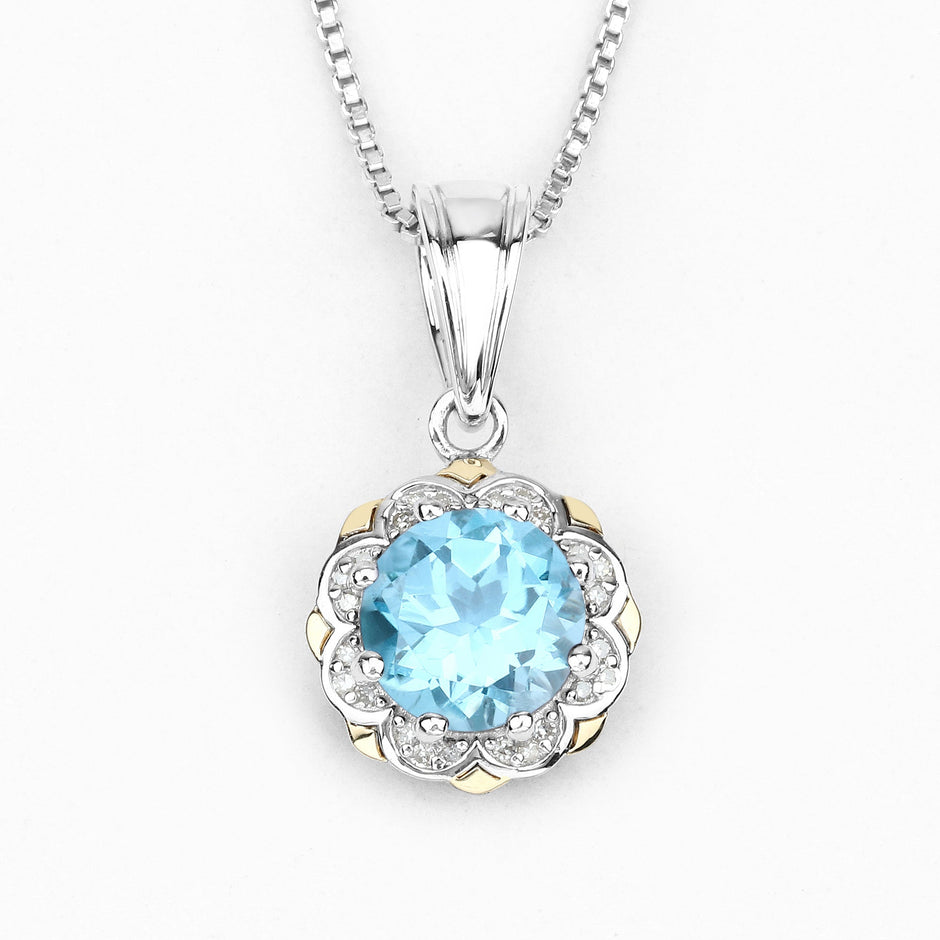2.32 Carat Genuine Swiss Blue Topaz and White Diamond 14K Yellow Gold with .925 Sterling Silver Pendant