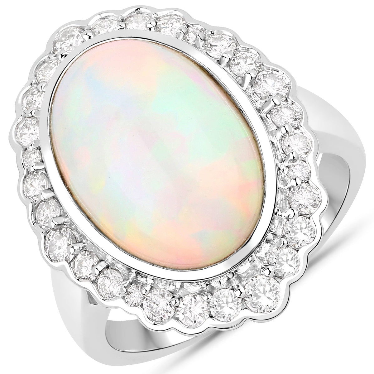 6.38 Carat Genuine Ethiopian Opal and White Diamond 14K White Gold Ring