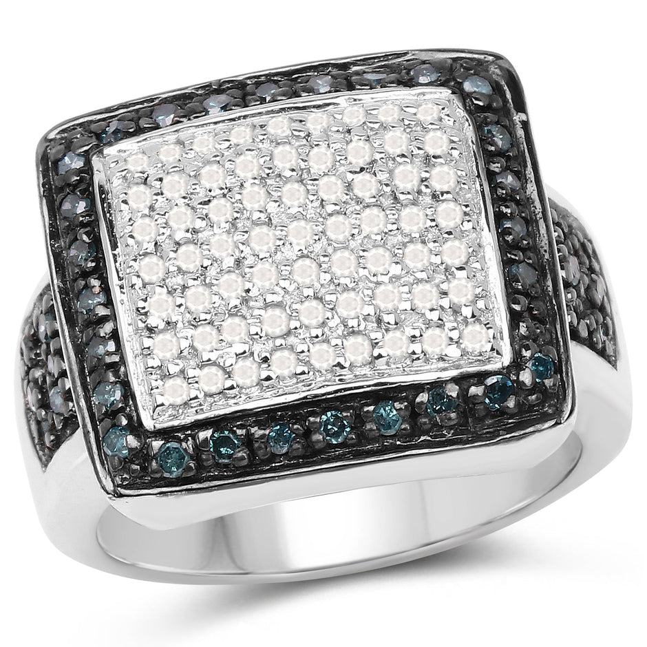 0.64 Carat Genuine White Diamond and Blue Diamond .925 Sterling Silver Ring