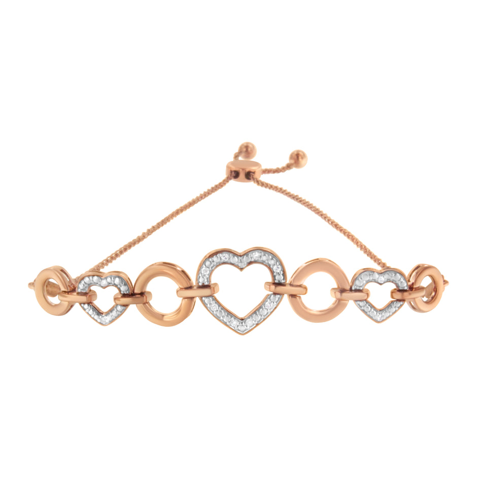 10K Rose Gold over .925 Sterling Silver 1/10 Cttw Round-Cut Diamond Heart Link Adjustable Bolo Bracelet (H-I Color, I2-I3 Clarity) - 6