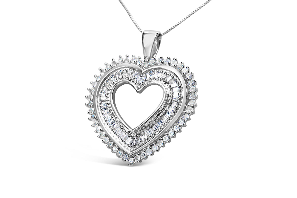 .925 Sterling Silver 1.0 Cttw Baguette and Round Diamond  Heart Pendant 18