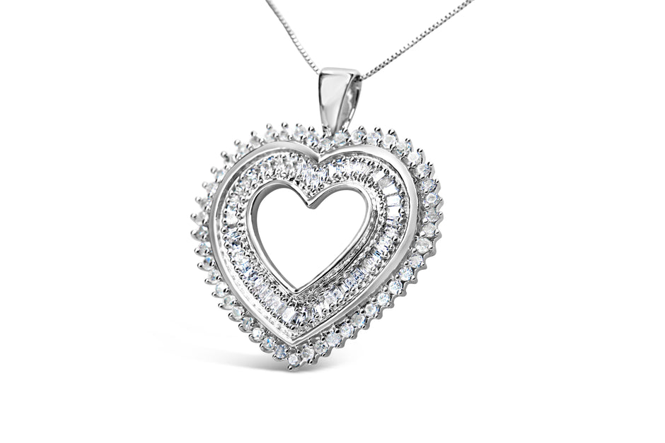 .925 Sterling Silver 1.0 Cttw Baguette and Round Diamond  Heart Pendant 18