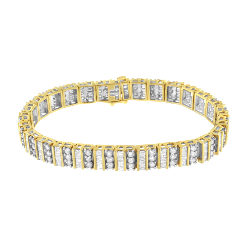 14K Yellow Gold 5.50 Cttw Round and Baguette Diamond Link Bracelet