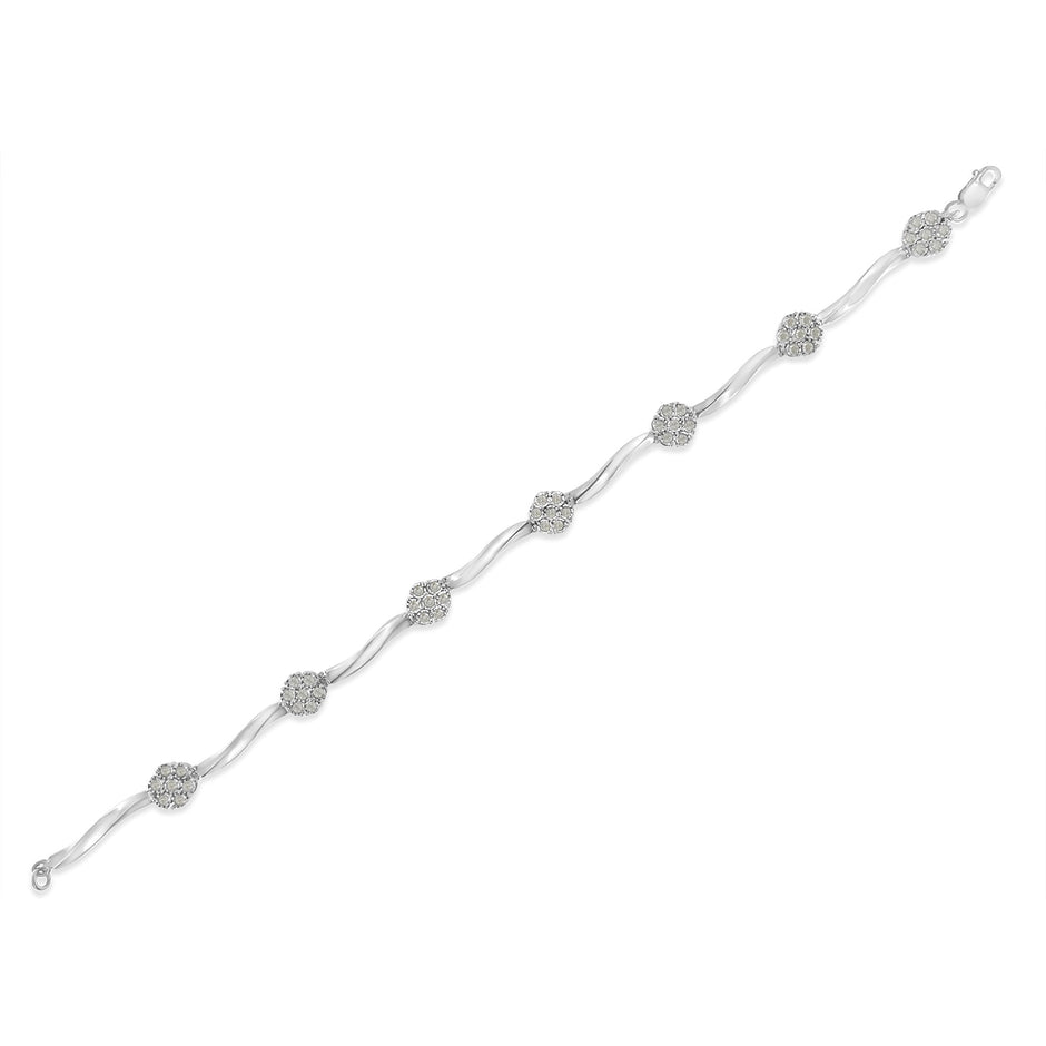 .925 Sterling Silver 1.0 cttw Miracle-Set Diamond 7 Stone Floral Cluster Link Bracelet (I-J Color, I3 Clarity) -7