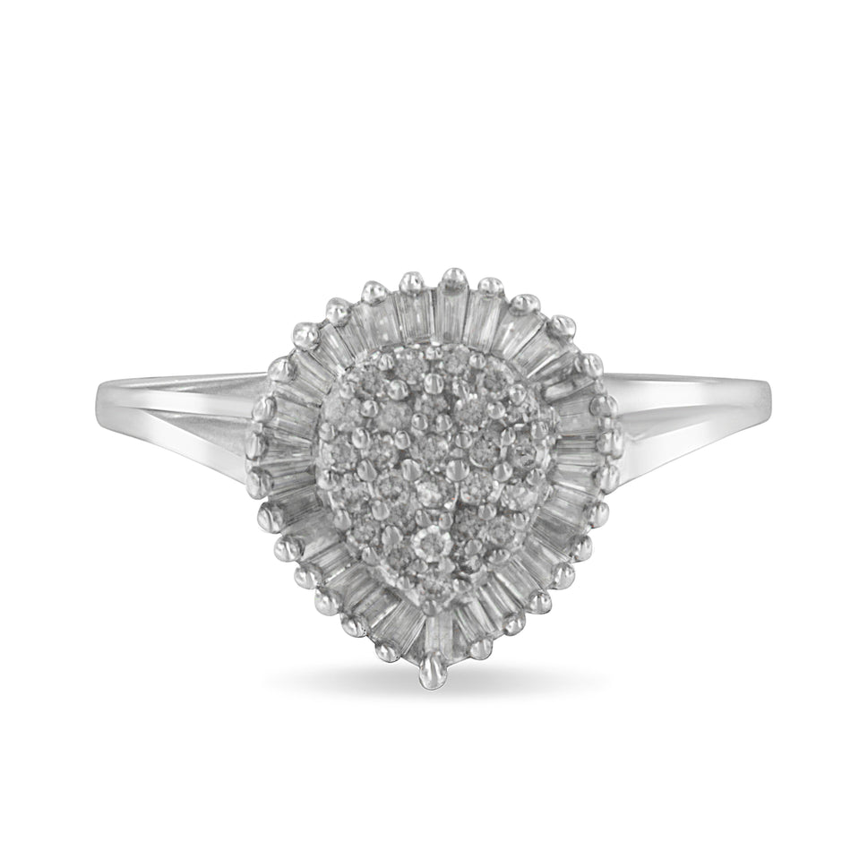 10K White Gold 1/2 Cttw Round & Baguette Cut Diamond Pear Shaped Domed PavÃ© Cluster with Halo Cocktail Ring (H-I Color, SI1-SI2 Clarity) - Size 5