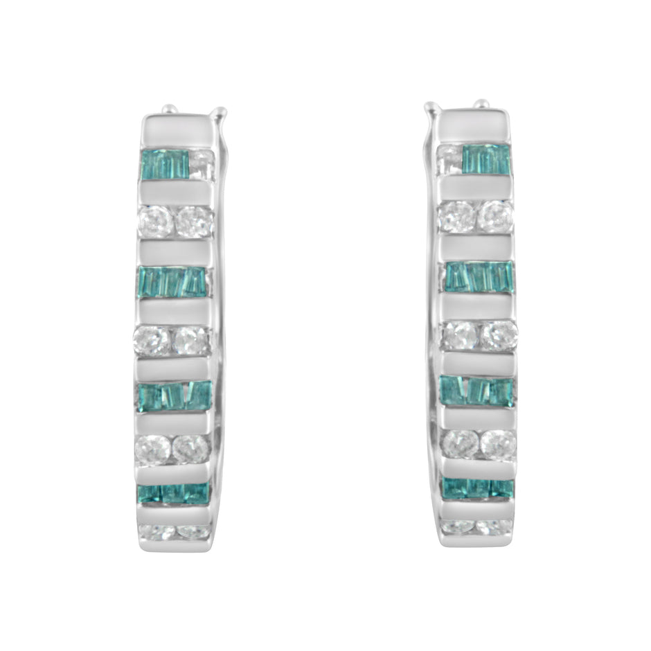 10k White Gold Round and Blue Baguette 1/2 cttw Diamond Hoop Earrings (I-J Color, I2-I3 Clarity)