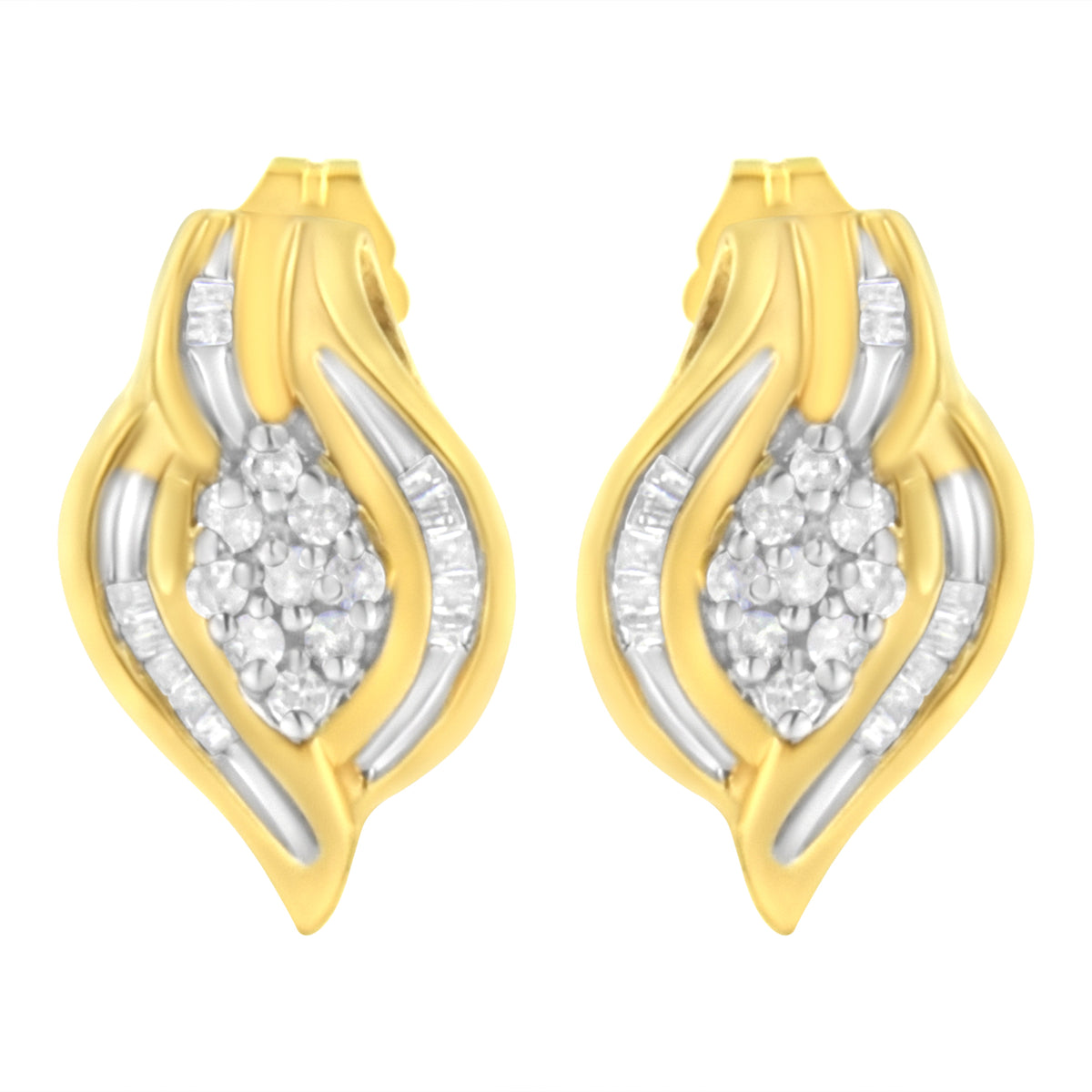10K Yellow Gold 1/3 cttw Round-Cut Diamond Cluster and Swirl Stud Earrings (J-K Clarity, I2-I3 Color)