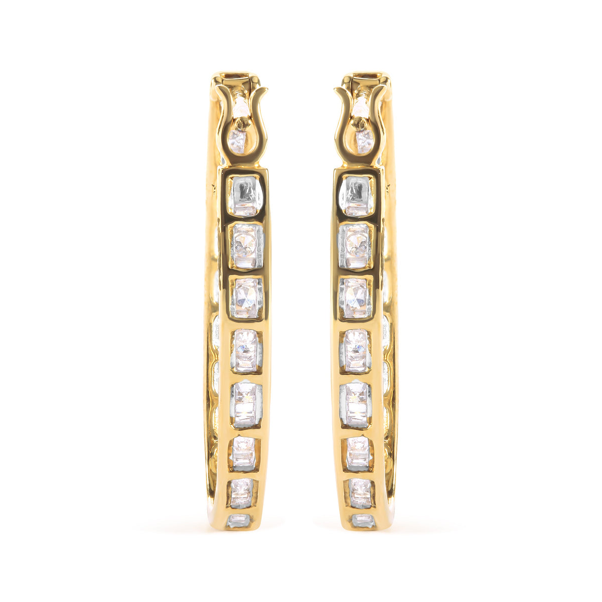 10K Yellow Gold 1.00 Cttw Round and Baguette-Cut Diamond U-Hoop Earrings (H-I Color, SI2-I1 Clarity)