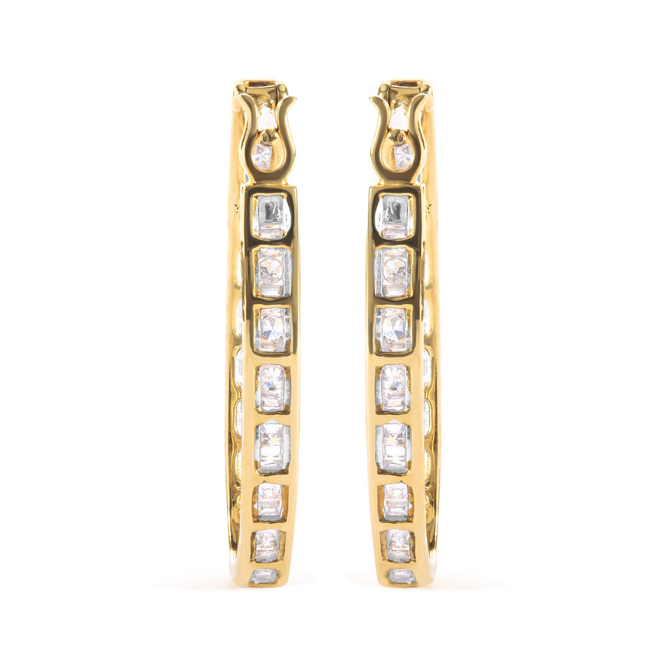 10K Yellow Gold 1.00 Cttw Round and Baguette-Cut Diamond U-Hoop Earrings (H-I Color, SI2-I1 Clarity)