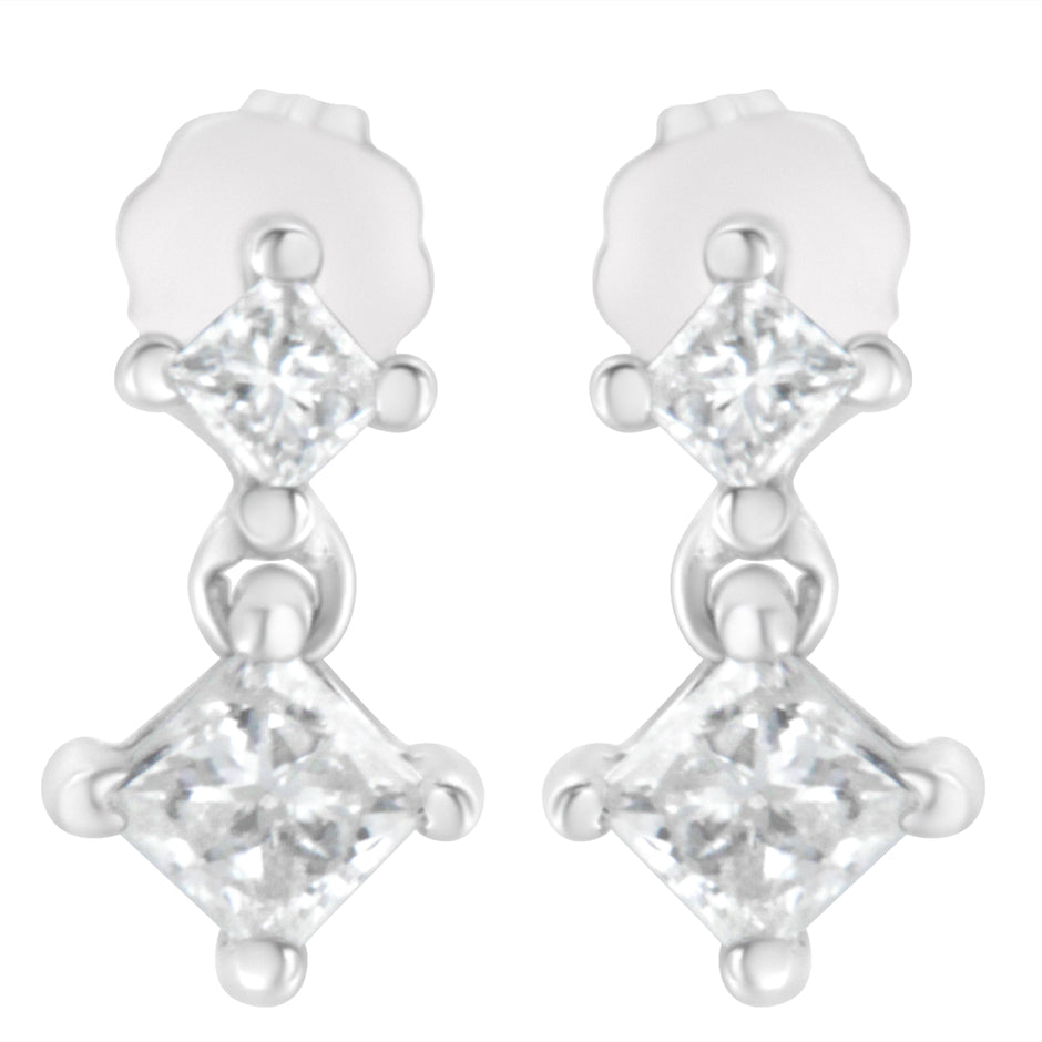 14K White Gold 3/4 cttw Double Diamond Princess-Cut Stud Earrings (I-J Clarity, I2-I3 Color)