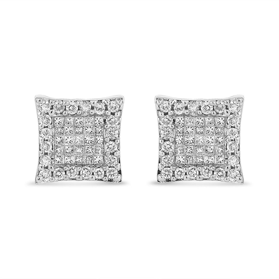 18K White Gold 1.00 Cttw Round and Princess-Cut Diamond Halo Square Stud Earring (G-H Color, SI1-SI2 Clarity)