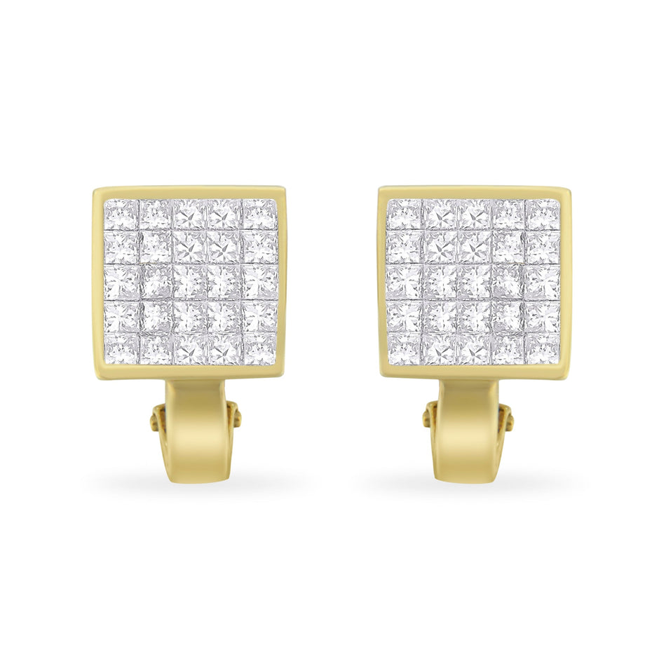 14K Yellow Gold 3-1/5 Cttw Princess Cut Diamond Â¾ Square Invisible Set Grid Huggy Style Omega Back Stud Earrings (G-H Color, VS1-VS2 Clarity)