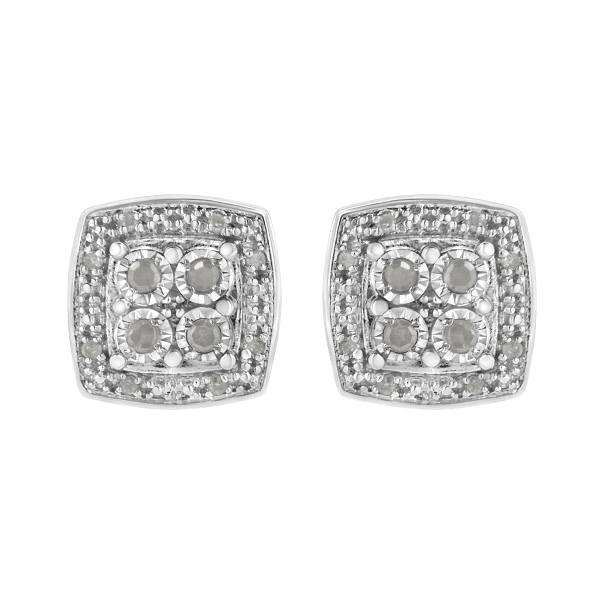 .925 Sterling Silver 1/4 cttw Round Cut Diamond Square Shape Milgrain Stud Earrings (I-J Color, I3 Clarity)