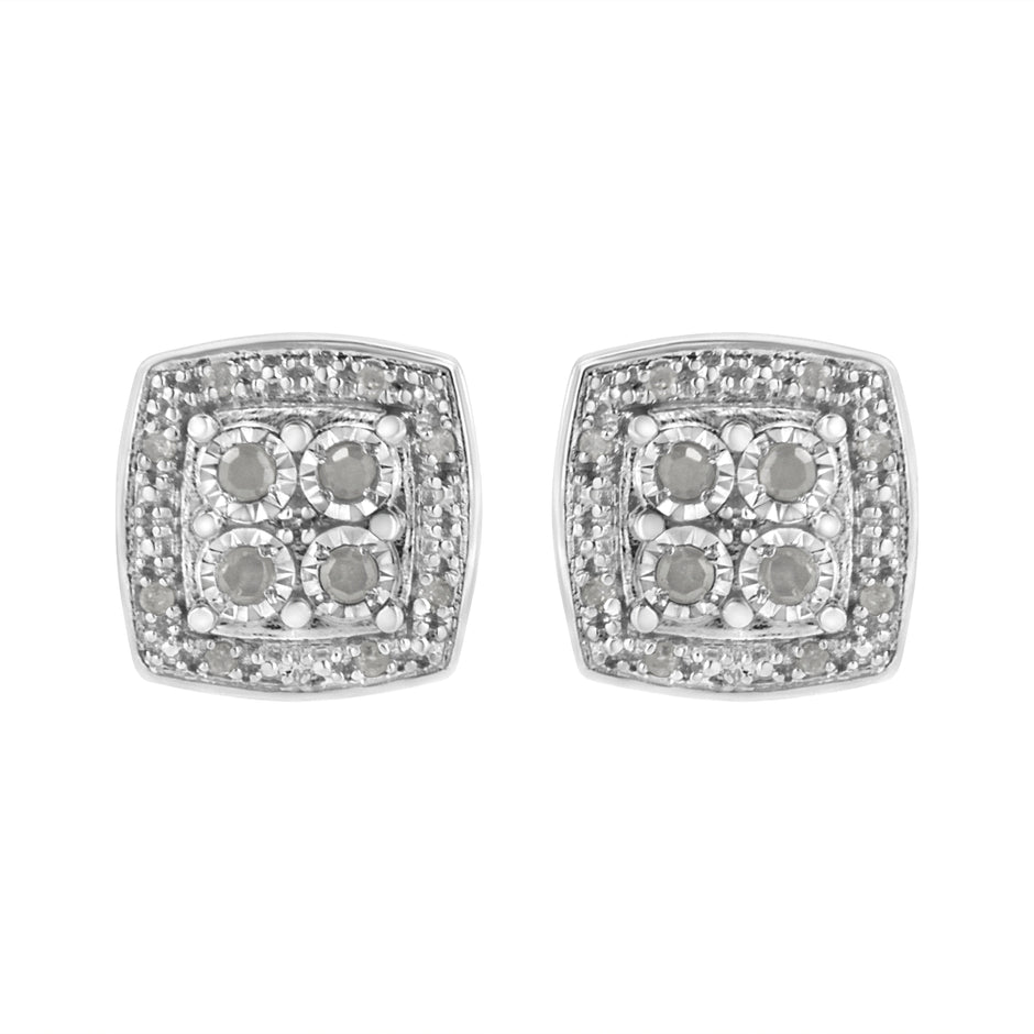 .925 Sterling Silver 1/4 cttw Round Cut Diamond Square Shape Milgrain Stud Earrings (I-J Color, I3 Clarity)