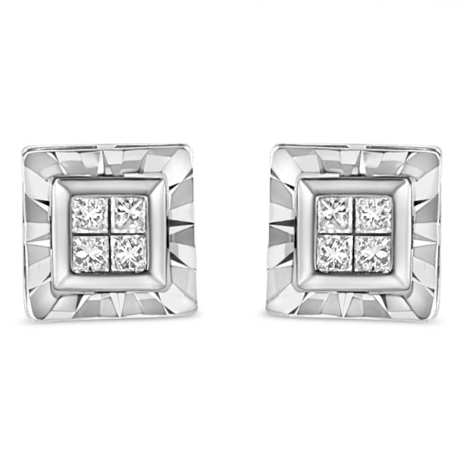 .925 Sterling Silver 1/6 Cttw Invisible Set Princess-Cut Diamond Quad Composite Stud Earrings (H-I Color, I1-I2 Clarity)
