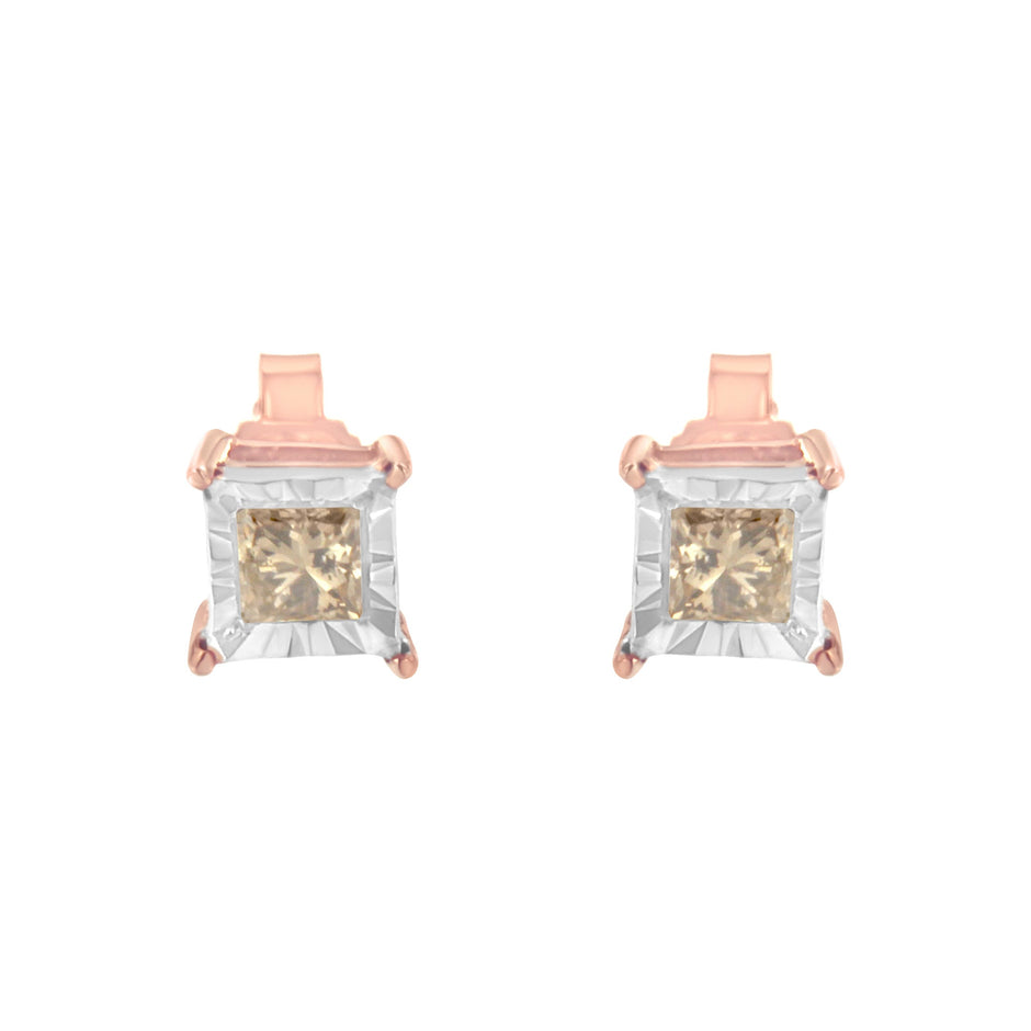 14K Rose Gold Plated Two-Tone .925 Sterling Silver 1/2 Cttw Princess-Cut Square Diamond Solitaire Miracle-Plate Stud Earrings (K-L Color, I2-I3 Clarity)