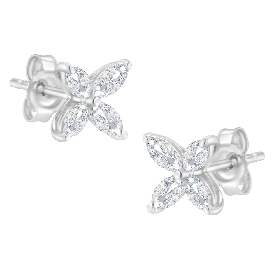 14K White Gold 1/2 Cttw Marquise Diamond 8 Stone Floral Leaf Stud Earrings (H-I Color, SI1-SI2 Clarity)