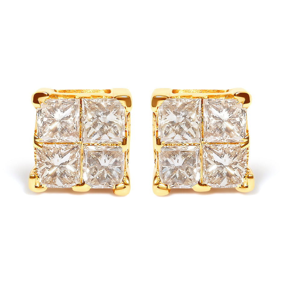 10K Yellow Gold 3/4 Cttw Invisible Set Princess-Cut Diamond Composite Square Stud Earrings (I-J Color, I2-I3 Clarity)