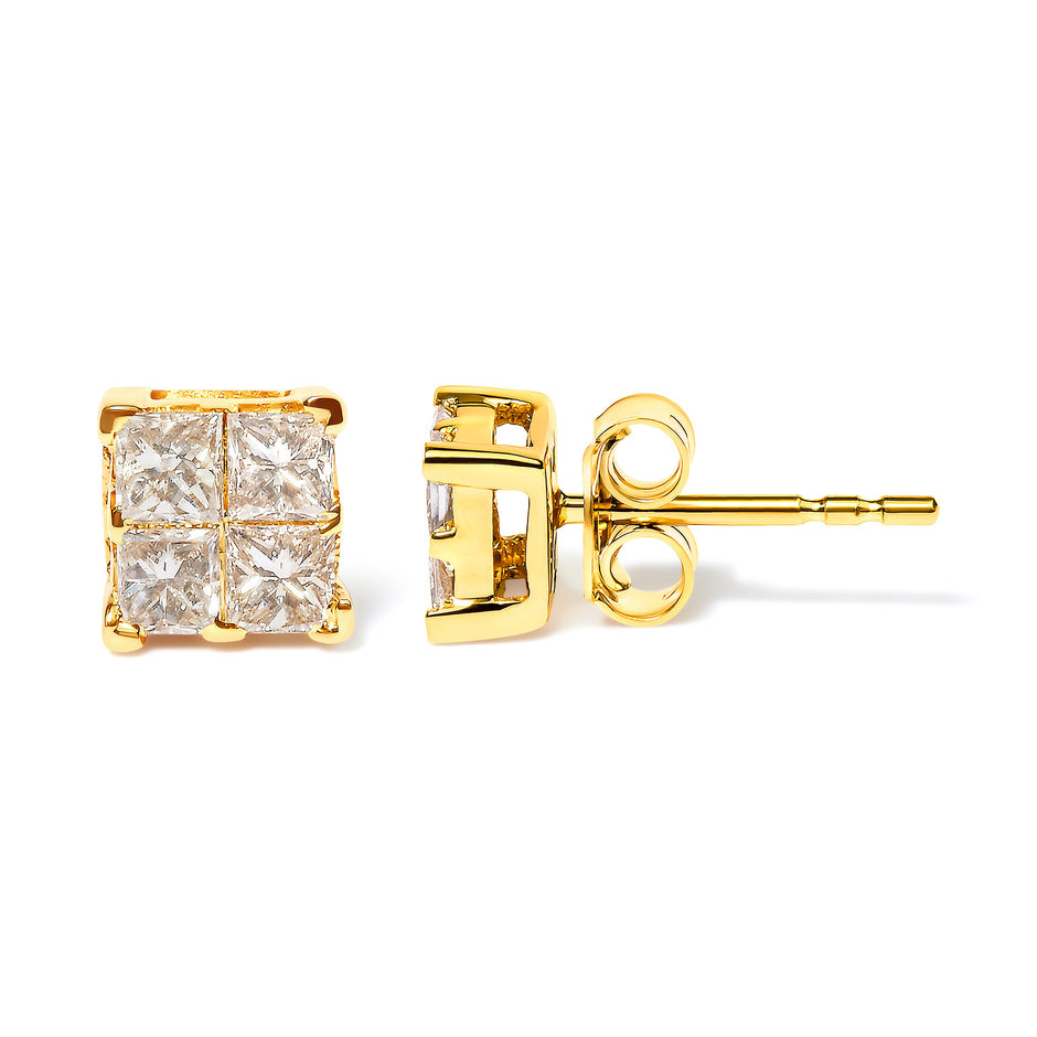 10K Yellow Gold 3/4 Cttw Invisible Set Princess-Cut Diamond Composite Square Stud Earrings (I-J Color, I2-I3 Clarity)
