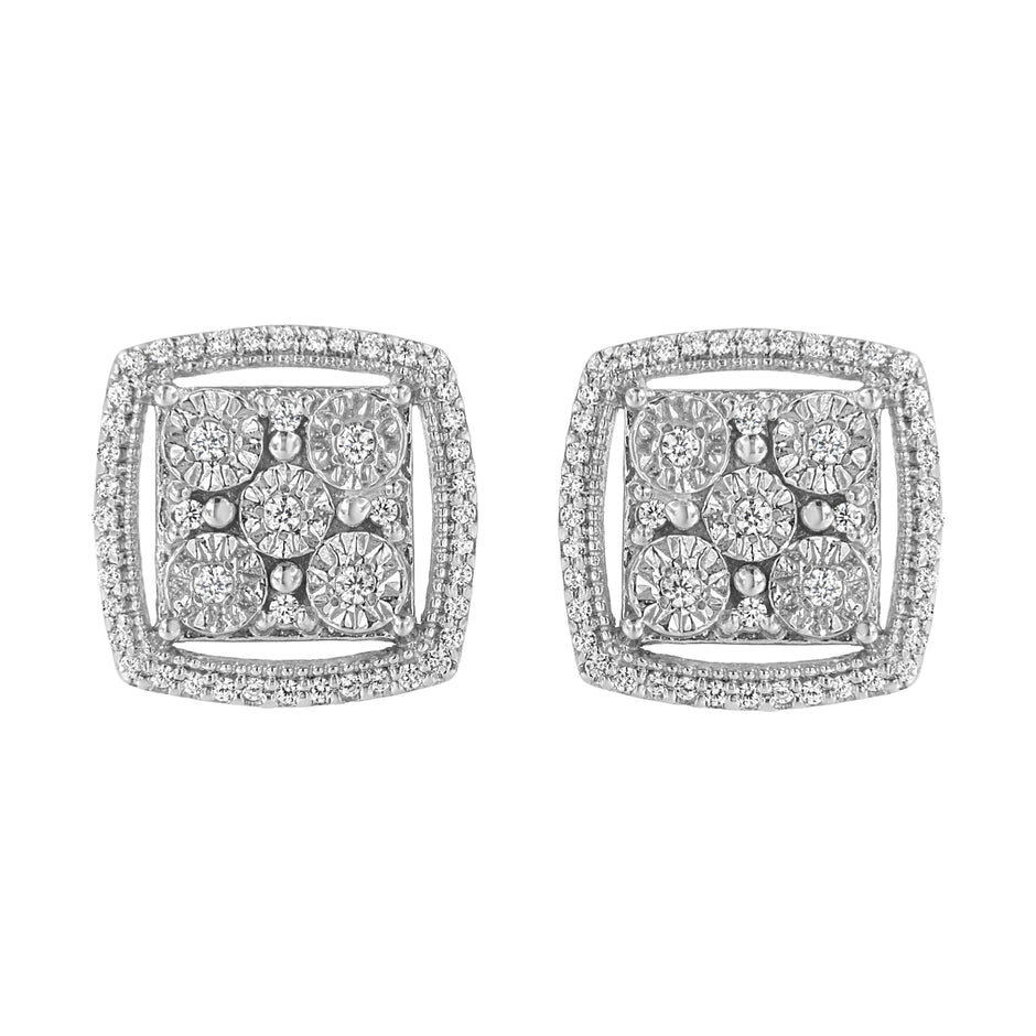 .925 Sterling Silver 3/8 Cttw Miracle Set Round Diamond Double Halo Cluster Earrings (I-J Color, I2-I3 Clarity)