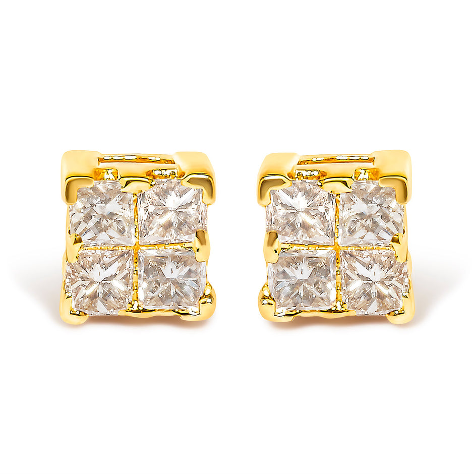 14K Yellow Gold 1/4 Cttw Invisible Set Princess-Cut Diamond Square Stud Earring (J-K Color, I1-I2 Clarity)
