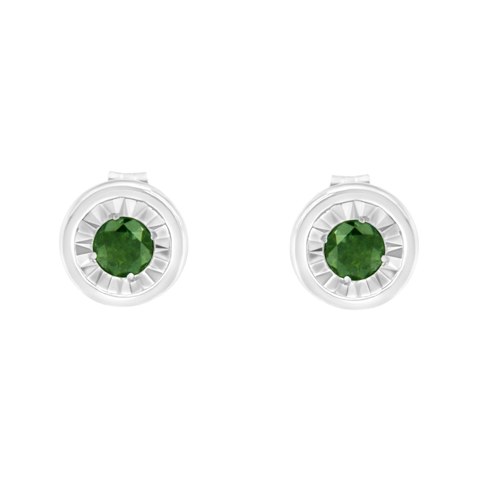 .925 Sterling Silver 1/4 Cttw Round Brilliant-Cut Green Diamond Miracle-Set Stud Earrings (Fancy Color-Enhanced, I1-I2 Clarity)