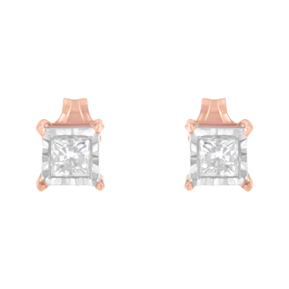 14K Rose Gold Plated Two-Tone .925 Sterling Silver 1/2 Cttw Princess-Cut Square Near Colorless Diamond Solitaire Miracle-Plate Stud Earrings (J-K Color, I2-I3 Clarity)