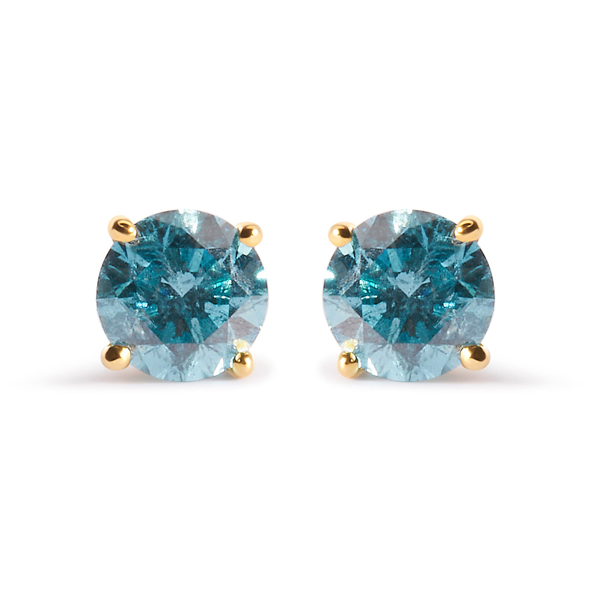 14K Yellow Gold 1.0 Cttw Treated Aqua Blue Diamond Classic Solitaire Stud Earrings (Aqua Blue Color, I2-I3 Clarity)