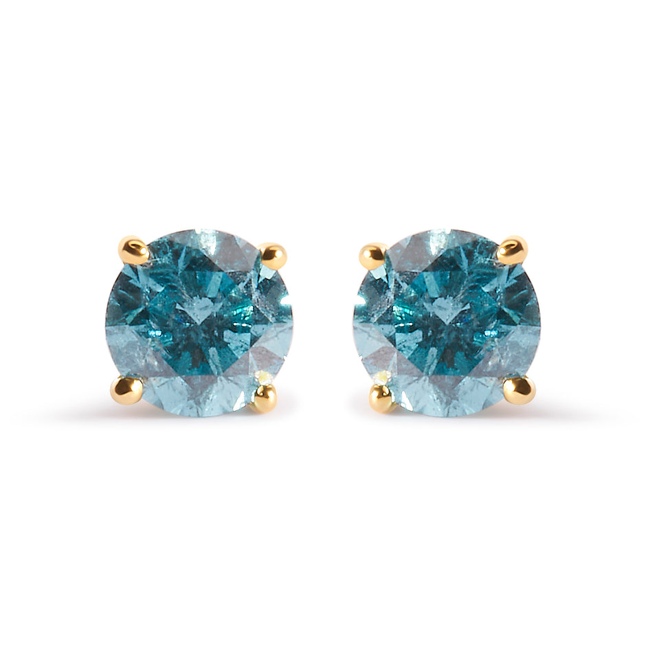 14K Yellow Gold 1.0 Cttw Treated Aqua Blue Diamond Classic Solitaire Stud Earrings (Aqua Blue Color, I2-I3 Clarity)
