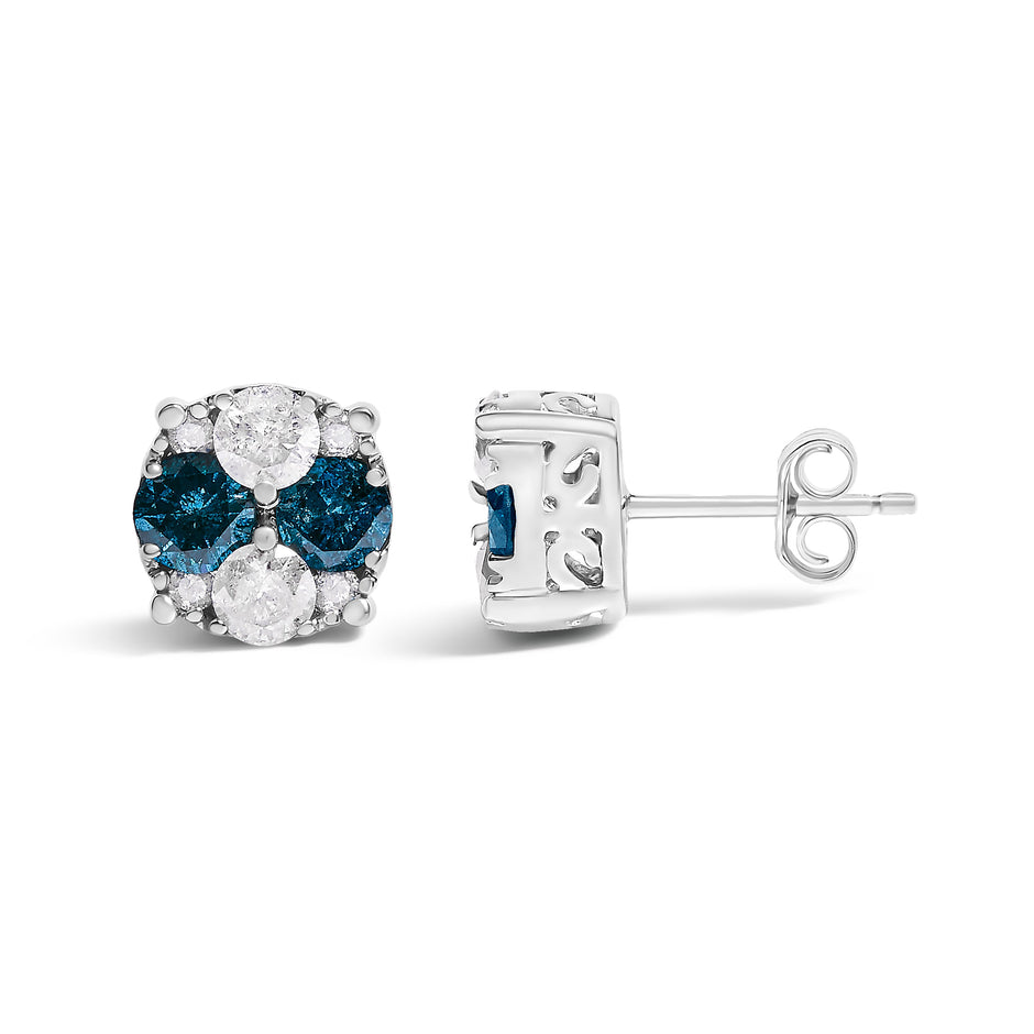 .925 Sterling Silver 2.0 Cttw Blue Diamond Composite Cluster Stud Earring