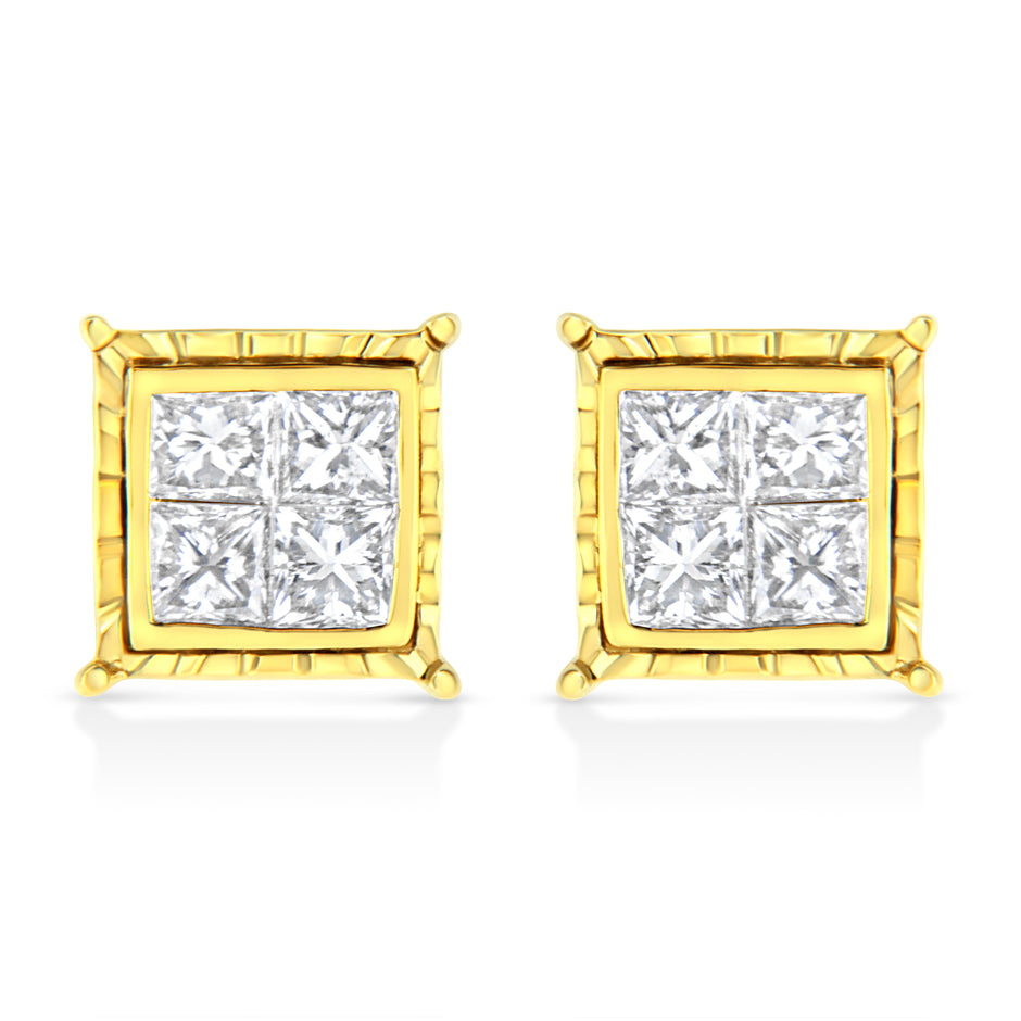 14K Yellow Gold 1 Cttw Princess Cut Diamond Square Stud Earrings