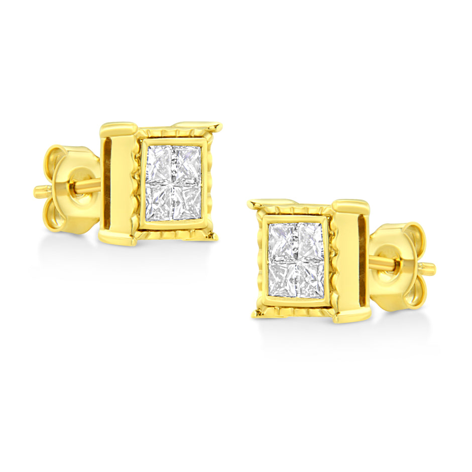 14K Yellow Gold 1 Cttw Princess Cut Diamond Square Stud Earrings