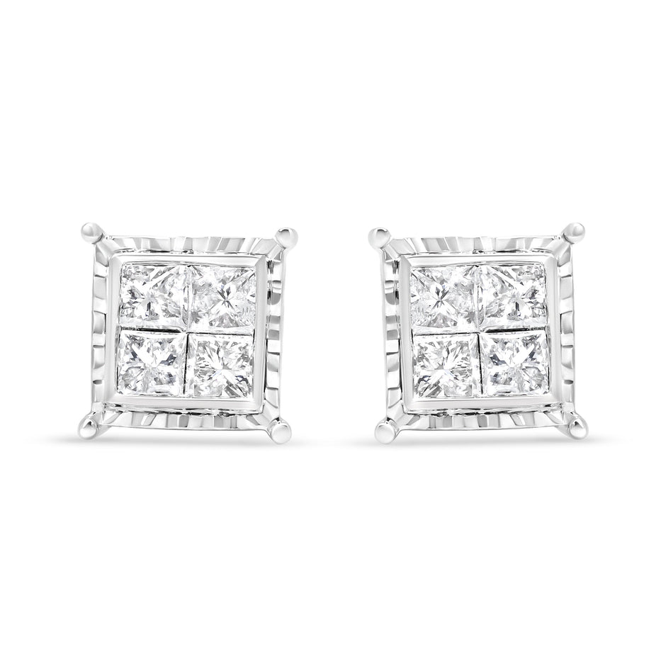 14K White Gold 1 1/2 Cttw Invisible Set Princess-Cut Diamond Contemporary Wavy Quad Stud Earrings (I-J Color, I1-I2 Clarity)