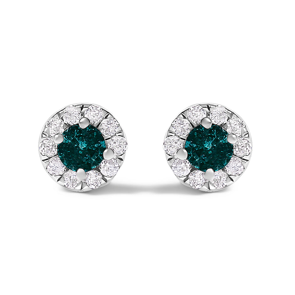 .925 Sterling Silver 1/3 Cttw White and Blue Diamond Halo Stud Earring